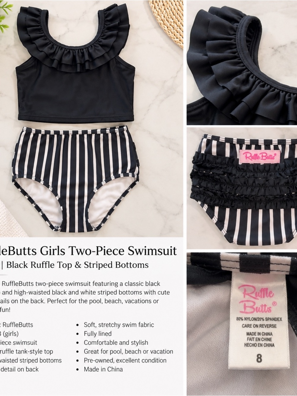 Ruffle Butts Black Ruffle Tank with Black and White Striped High-Waist Bottoms